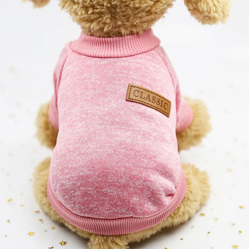 Dog wearing a light pink turtleneck sweater with a classic leather patch on the back.