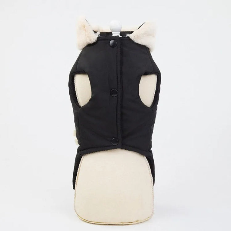 A black fleece dog jacket with button closures, displayed on a mannequin, showing the back view with faux fur trim.