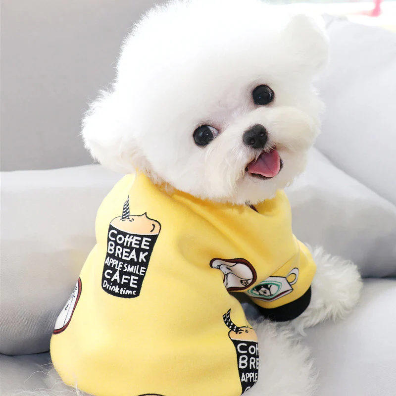 Cute Dog Shirts in yellow featuring a fun coffee break theme, perfect for a playful and unique look.