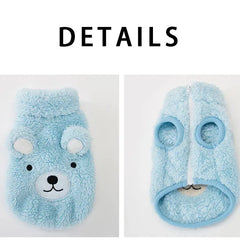 The Dog Face Cute Bear Dog Fur Coat in sky blue, front and back views with details.