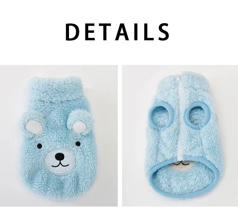 The Dog Face Cute Bear Dog Fur Coat in sky blue, front and back views with details.