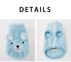 The Dog Face Cute Bear Dog Fur Coat in sky blue, front and back views with details.
