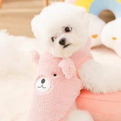 The Dog Face Cute Bear Dog Fur Coat in pink, shown on a dog from the side view.