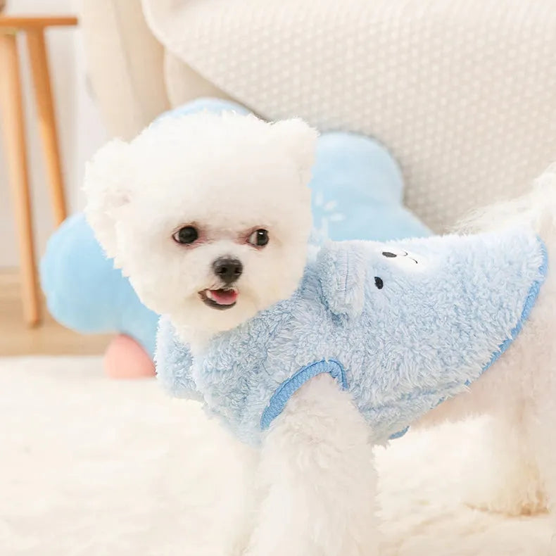 The Dog Face Cute Bear Dog Fur Coat in sky blue, shown on a dog from the side view.