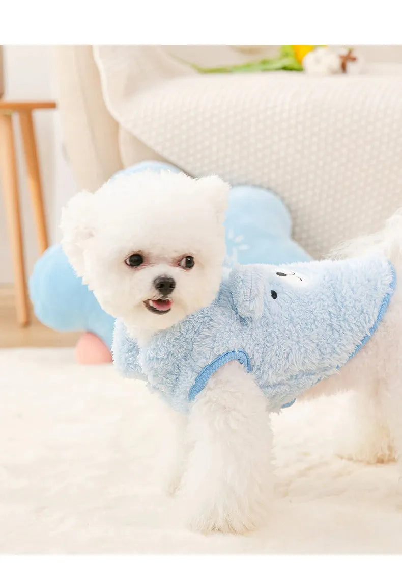 The Dog Face Cute Bear Dog Fur Coat in sky blue, shown on a dog from the side view.