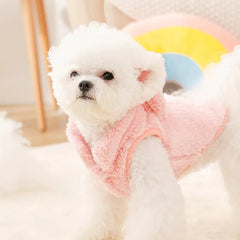 The Dog Face Cute Bear Dog Fur Coat in pink, shown on a dog from the front view.