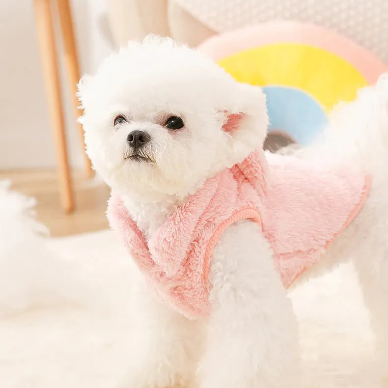 The Dog Face Cute Bear Dog Fur Coat in pink, shown on a dog from the front view.