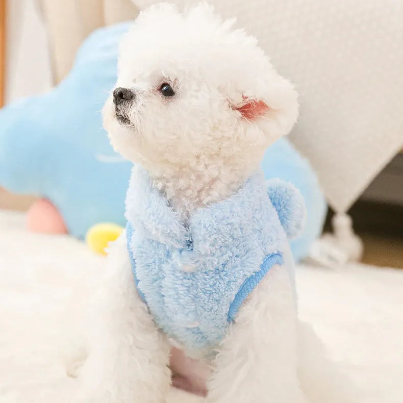 The Dog Face Cute Bear Dog Fur Coat in sky blue, shown on a dog from the front view.
