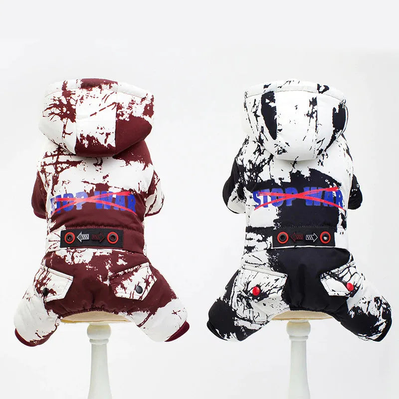 Back view of dog hoodies in black and white and red and white patterns