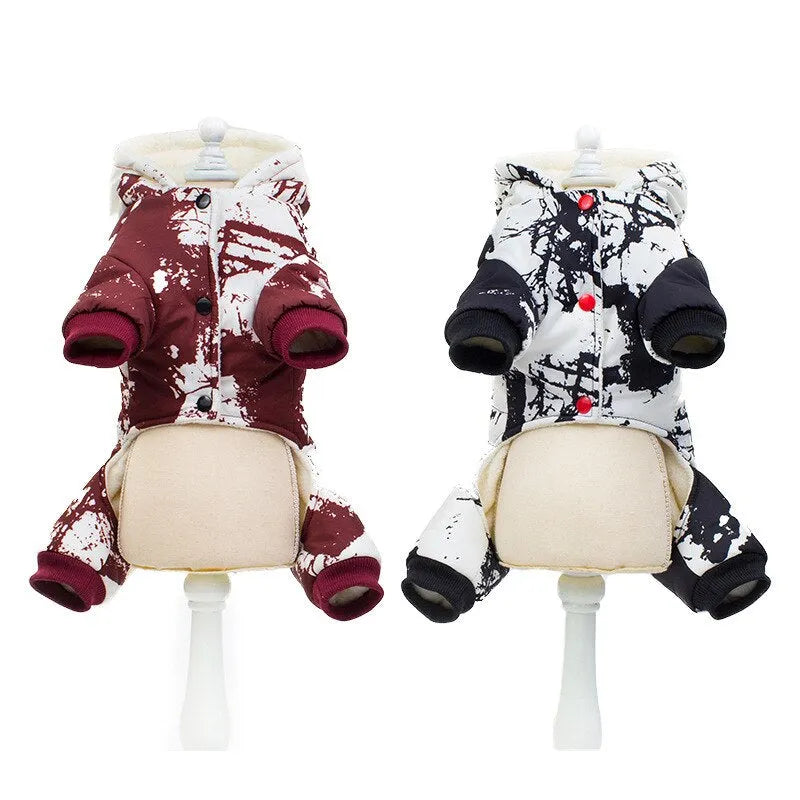 Front view of dog hoodies in red and white and black and white patterns