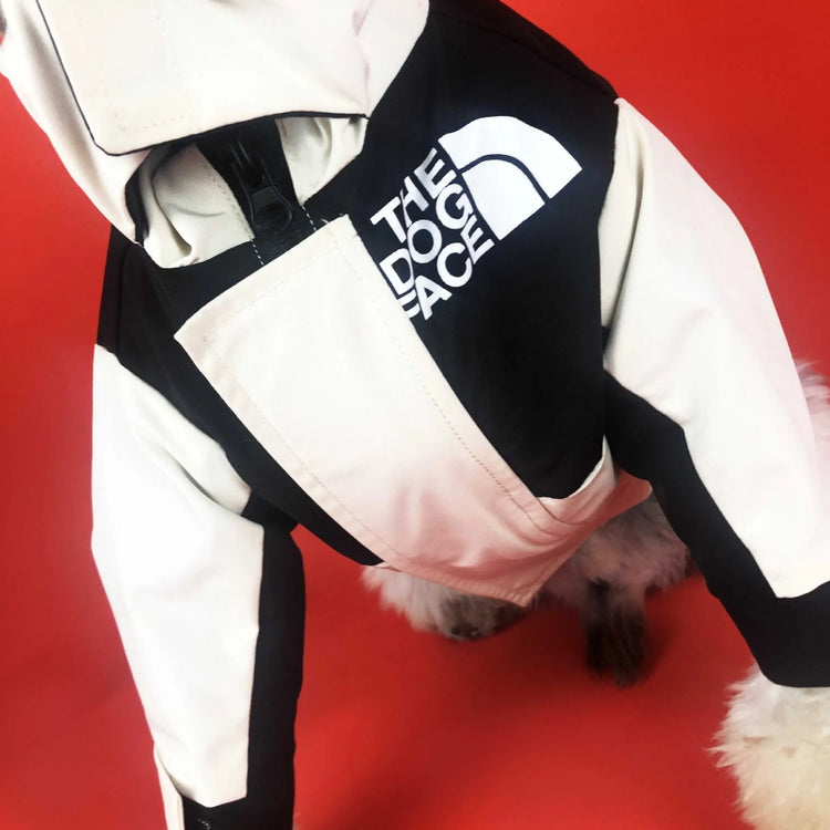 Close-up of a dog wearing a black and white waterproof jacket by "The Dog Face," highlighting premium pet apparel.