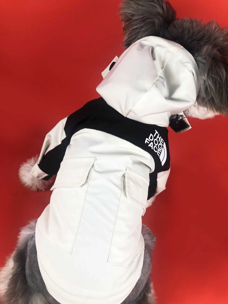 Dog wearing a black and white waterproof jacket by "The Dog Face," viewed from the back, showcasing stylish dog outerwear.