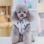 Front view of a poodle wearing a white dog snow suit with red and black winter patterns