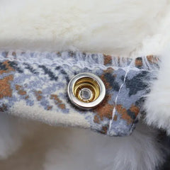 Close-up of a gold button detail on a blue plaid dog coat with white fleece lining