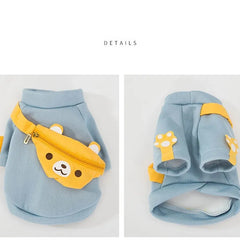Detailed view of a light blue sweater with yellow accents and bear-shaped satchel, ideal Designer Dog Sweaters."