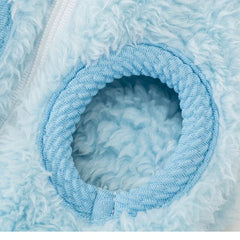 The Dog Face Cute Bear Dog Fur Coat in sky blue, detailed view of the armhole.