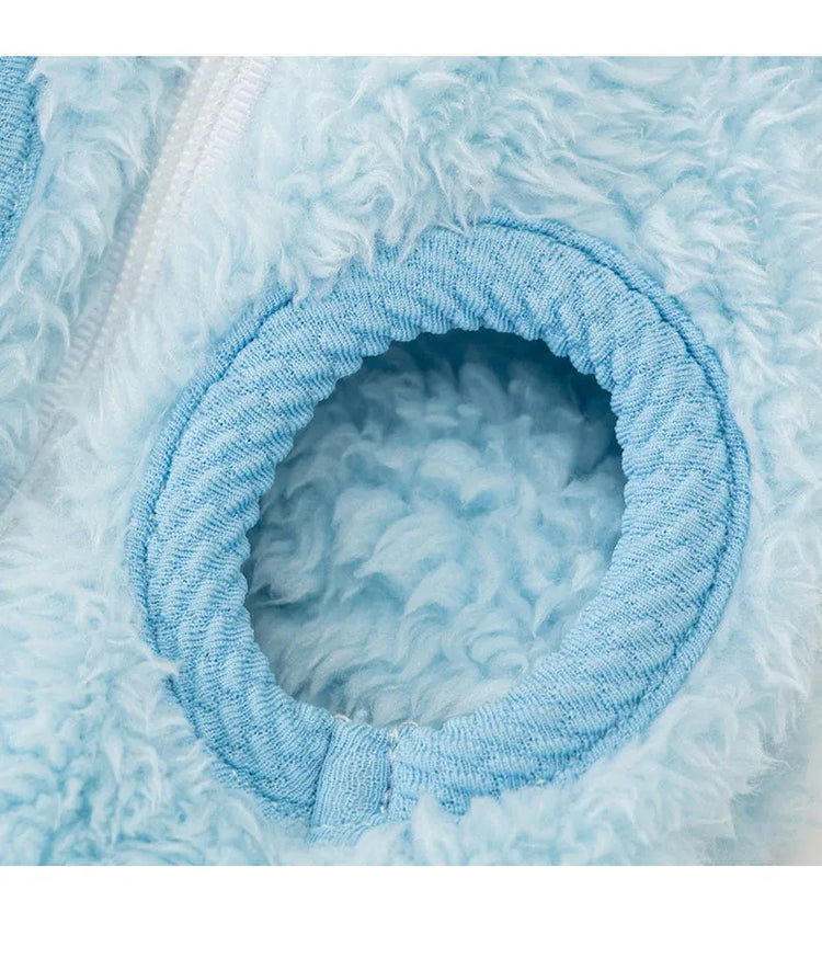 The Dog Face Cute Bear Dog Fur Coat in sky blue, detailed view of the armhole.