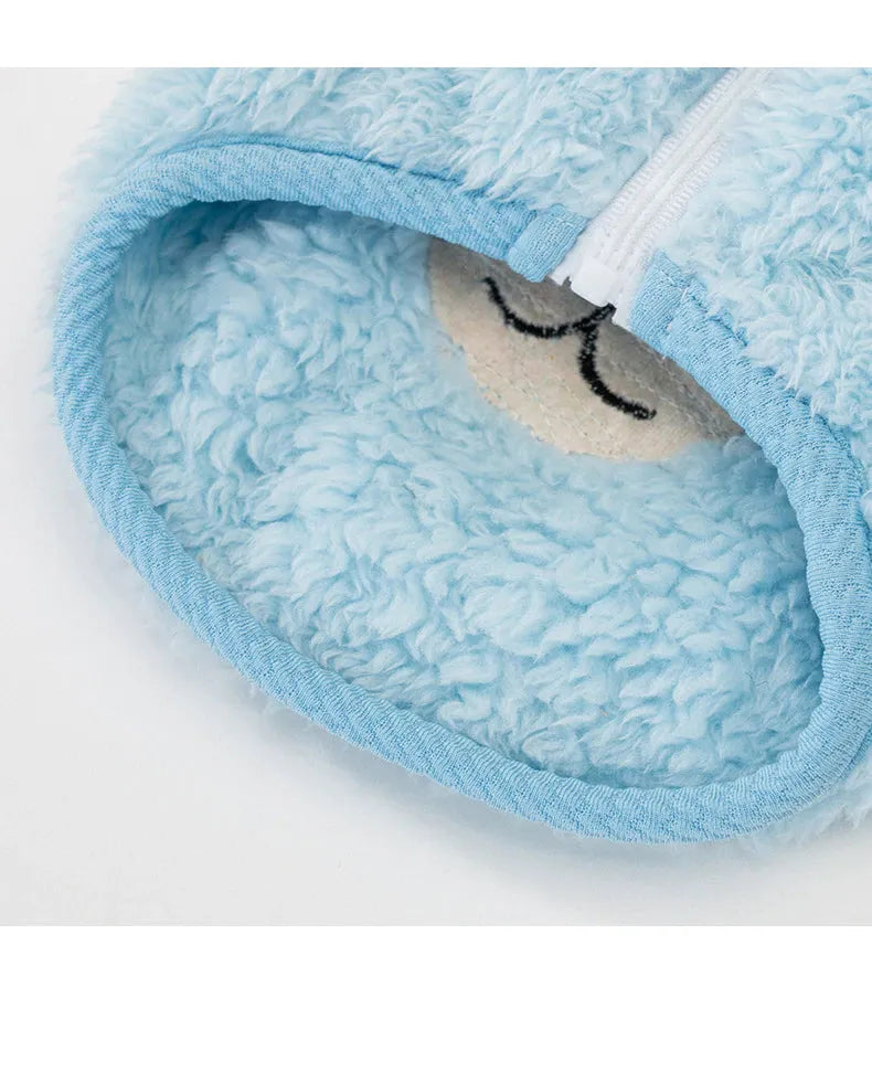 The Dog Face Cute Bear Dog Fur Coat in sky blue, detailed view of the inside lining.