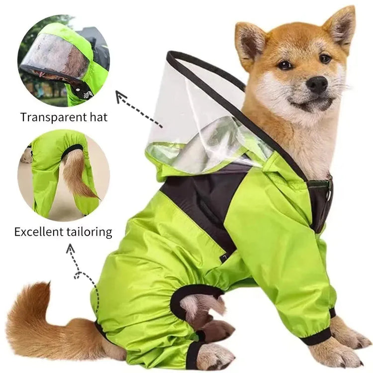 Detailed view of Dog Raincoat With Legs in green, showcasing the transparent hat and excellent tailoring.