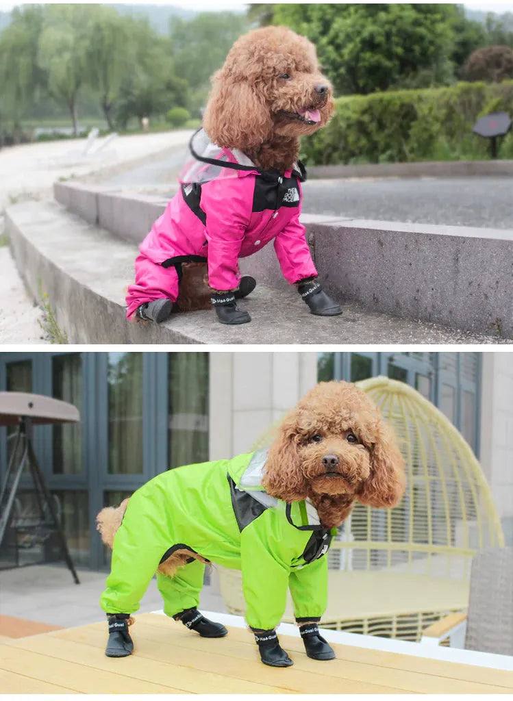 Dog Raincoat With Legs available in green and pink, providing full coverage and waterproof protection.