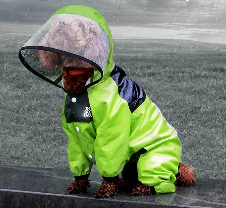 Dog Raincoat With Legs in green featuring a transparent hood, perfect for full rain protection and visibility.