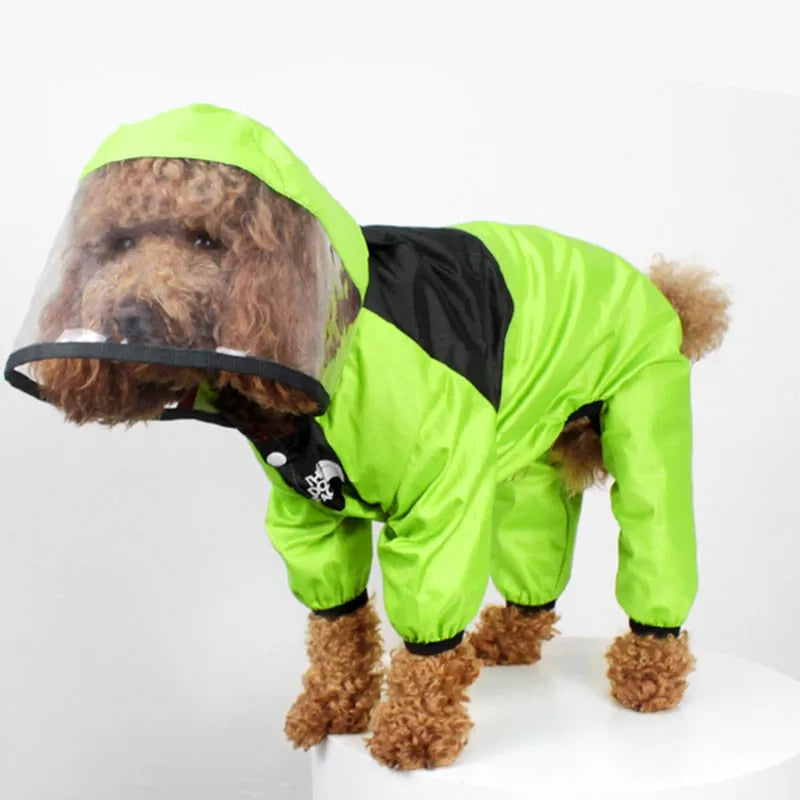 Dog Raincoat With Legs in green featuring a helmet-style hood for enhanced rain protection and comfort.