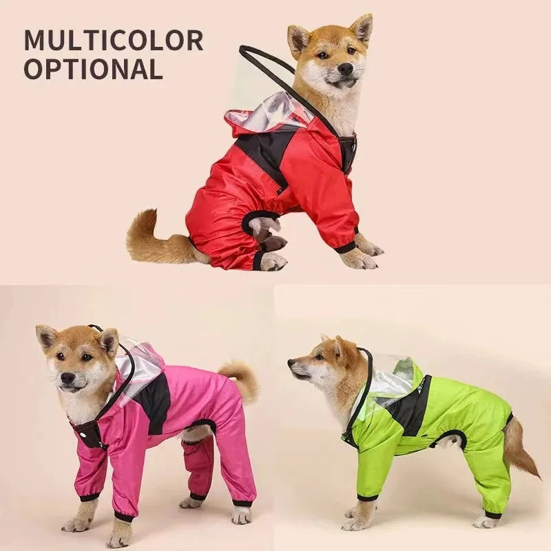 Dog Raincoat With Legs in multiple colors, including red, pink, and green, for stylish rain protection.