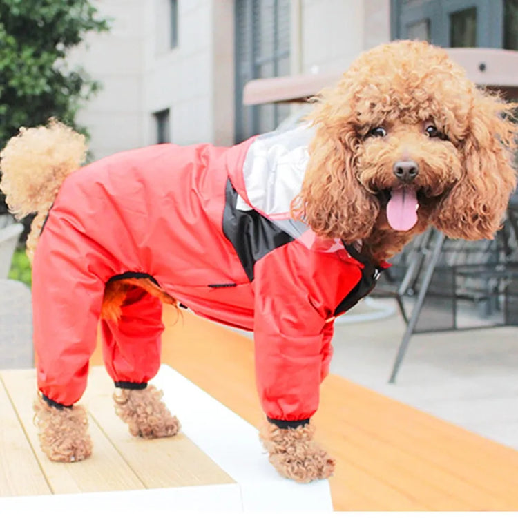 Dog Raincoat With Legs in red, providing full-body rain protection and a vibrant look.