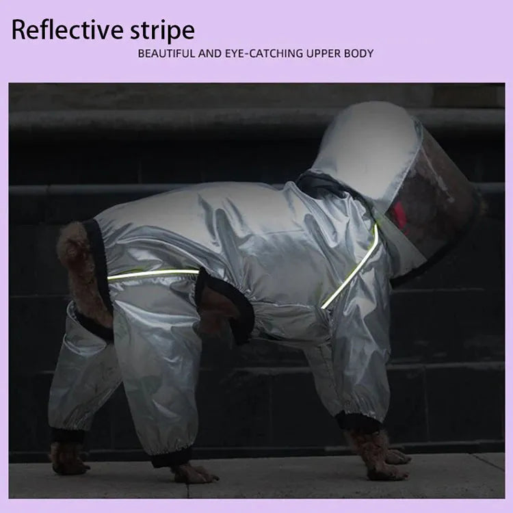 Dog Raincoat With Legs in reflective silver, ensuring visibility and safety during nighttime walks.