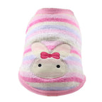 Very small dog sweater with pink, purple, and white stripes, featuring an embroidered bunny with a pink bow on the back.
