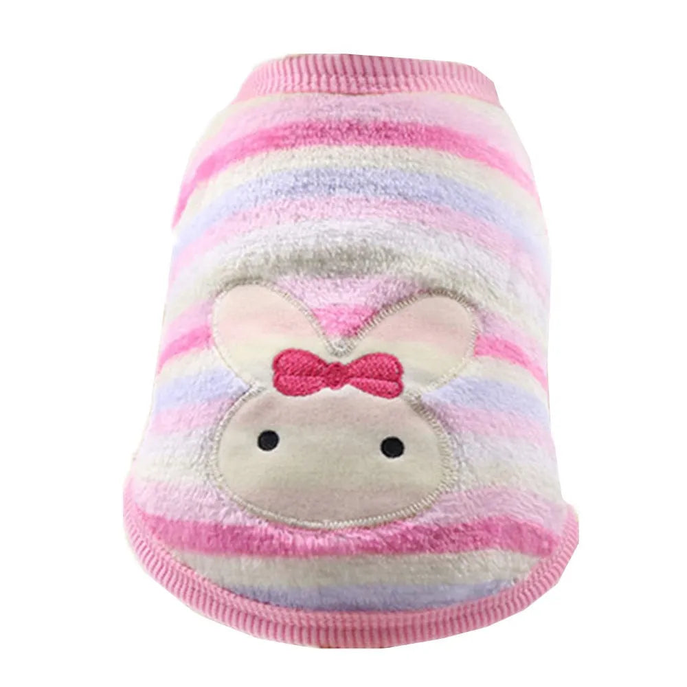 Very small dog sweater with pink, purple, and white stripes, featuring an embroidered bunny with a pink bow on the back.