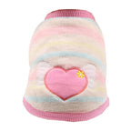 Very small dog sweater with pastel stripes, featuring an embroidered pink heart with white wings on the back.