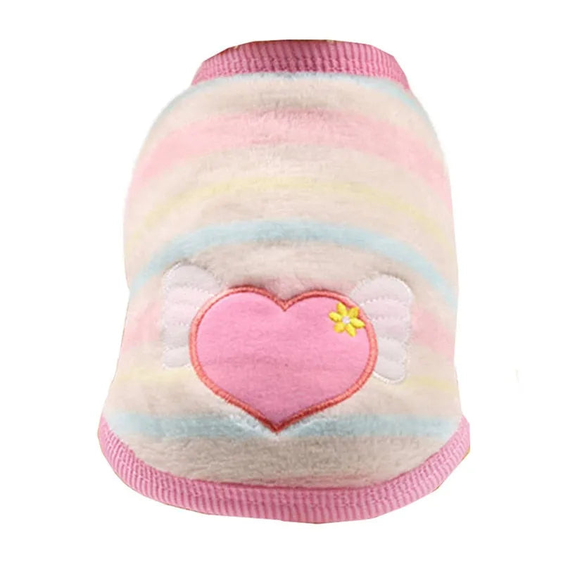 Very small dog sweater with pastel stripes, featuring an embroidered pink heart with white wings on the back.