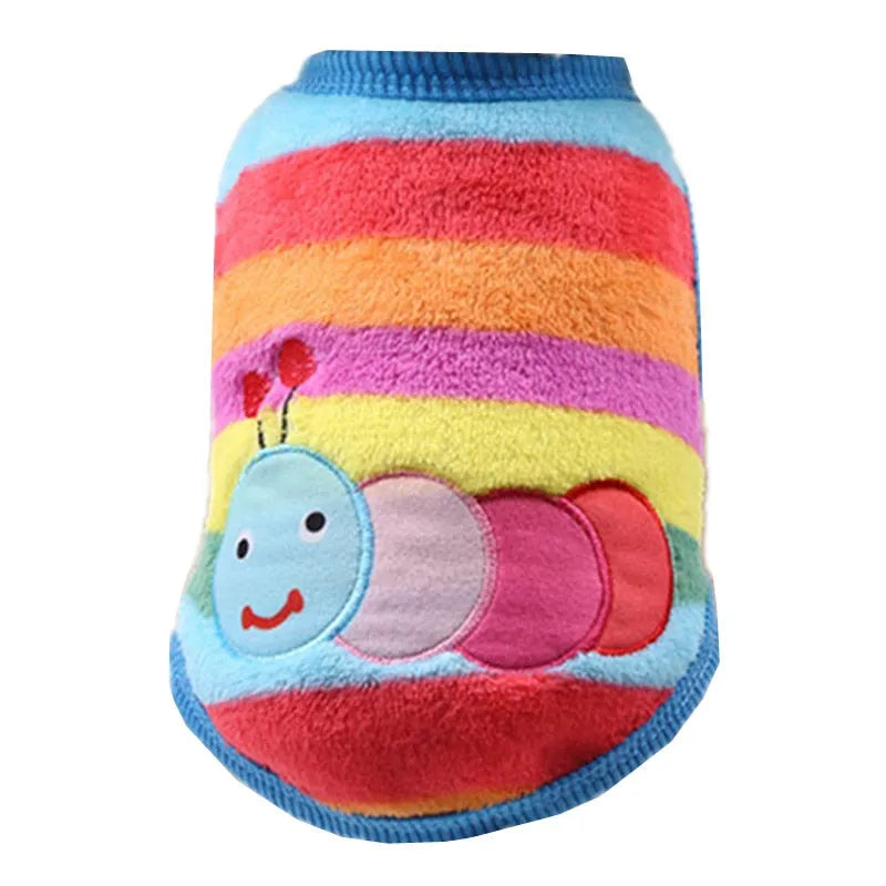 Very small dog sweater with rainbow stripes, featuring an embroidered colorful caterpillar on the back.