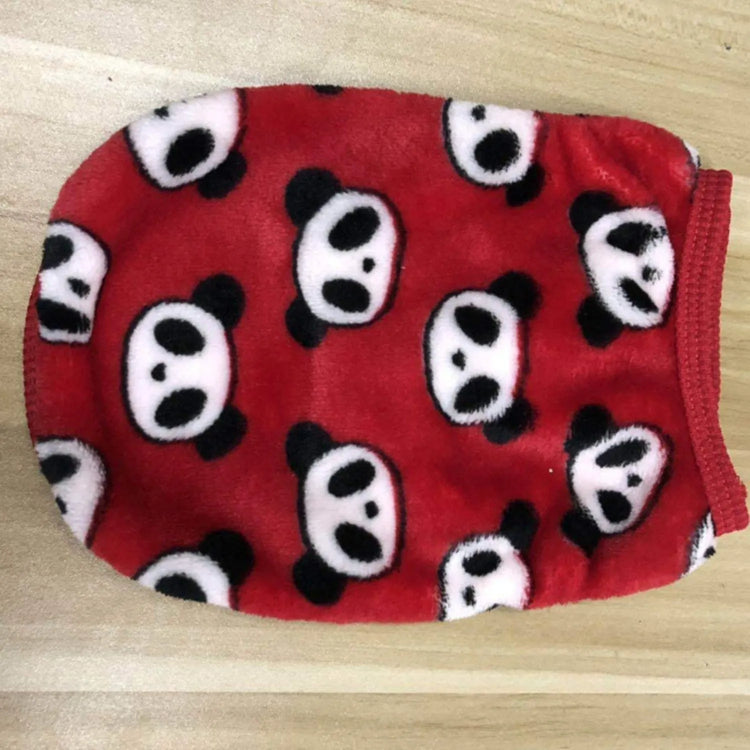 Very small dog sweater in red with an all-over print of panda faces.