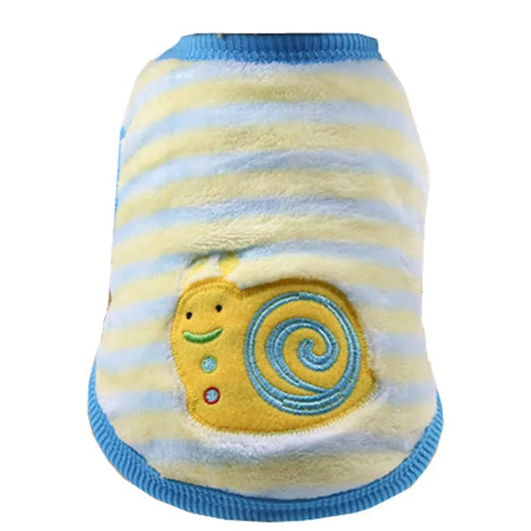 Very small dog sweater with yellow and light blue stripes, featuring an embroidered yellow snail on the back.