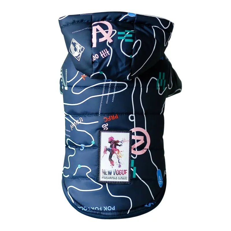 Navy blue designer dog jacket with colorful abstract patterns and a 'New Vogue' patch.