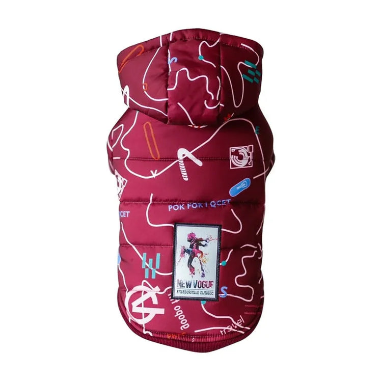 Red designer dog jacket with colorful abstract patterns and a 'New Vogue' patch