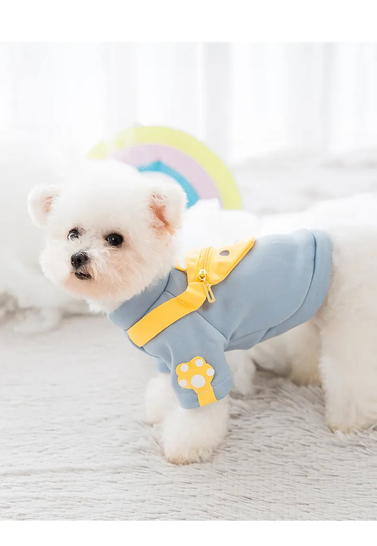 "Side view of a small white dog in a light blue sweater with a yellow bear-shaped satchel, showcasing Designer Dog Sweaters."