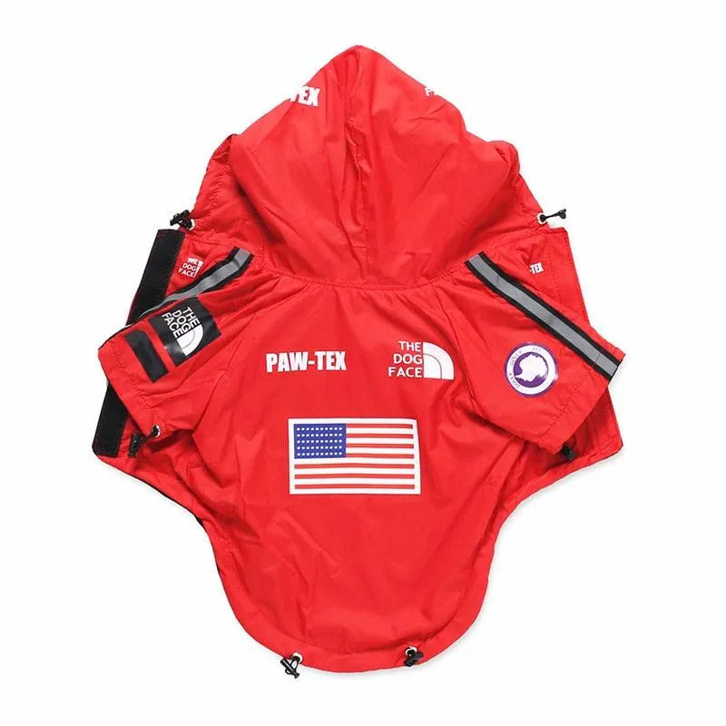 Back view of a red large dog hoodie featuring 'The Dog Face' logo and an American flag design.