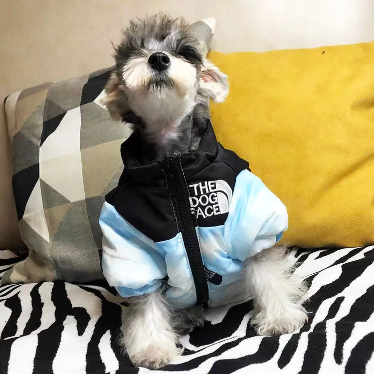 Back view of a dog puffy jacket with map print and 'The Dog Face' logo