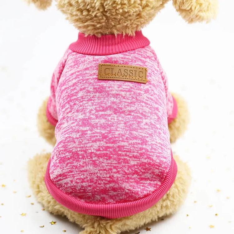 Dog wearing a pink turtleneck sweater with a classic leather patch on the back.