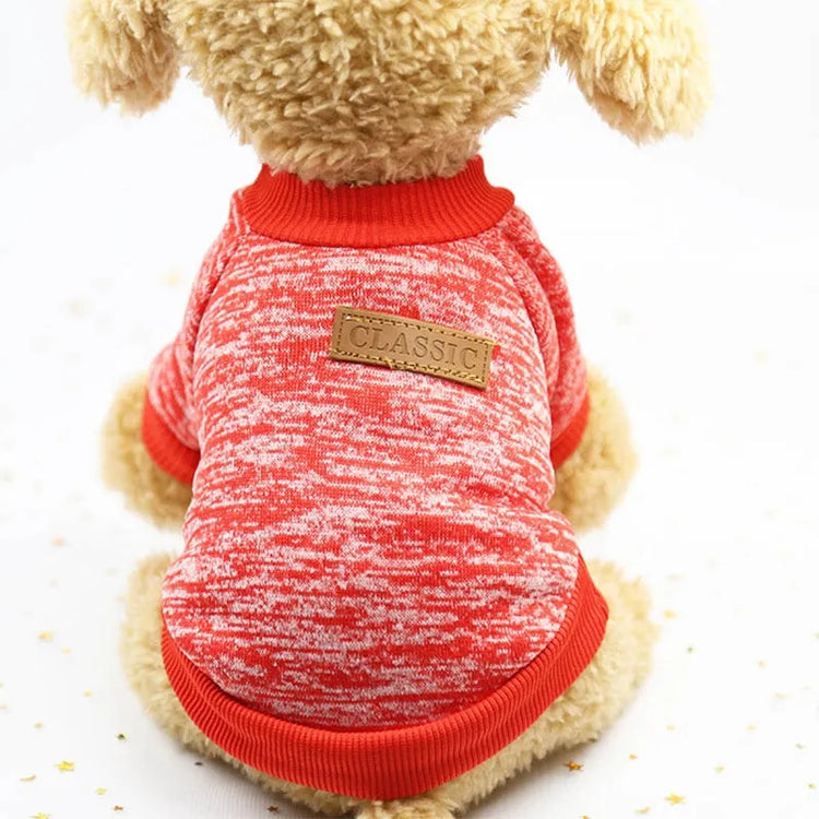 Dog wearing a light red turtleneck sweater with a classic leather patch on the back.