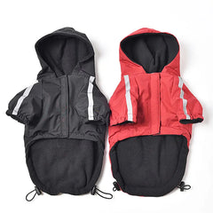 Black and red dog raincoats with hoods, displayed side by side, perfect waterproof outerwear for dogs.
