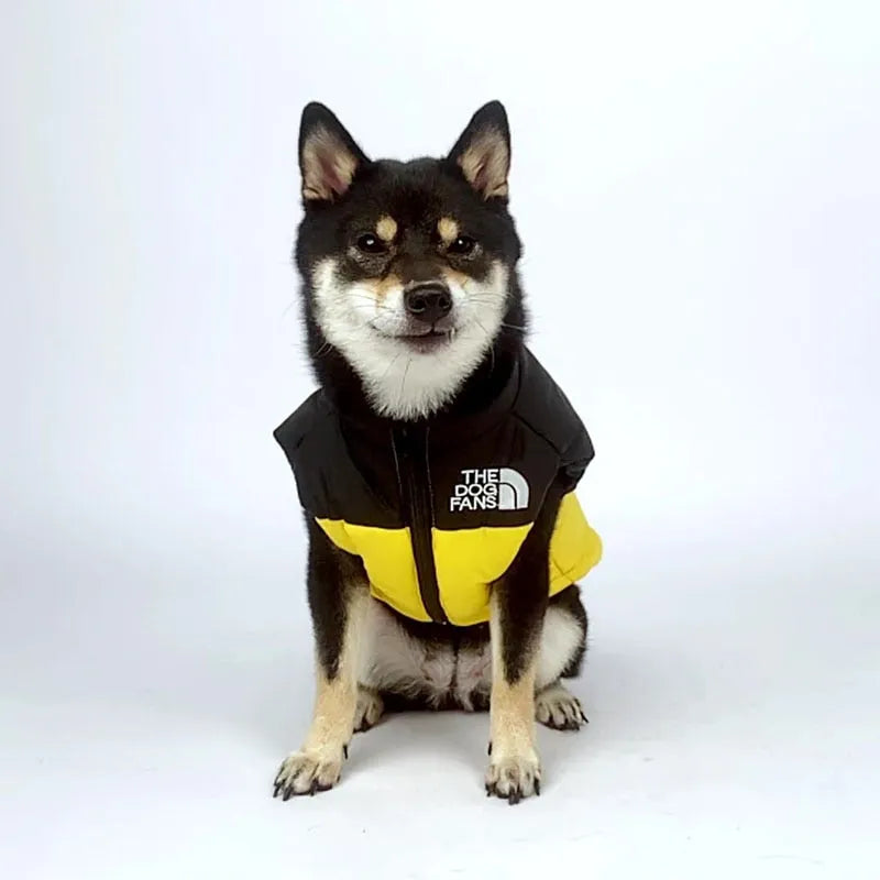 A black and tan Shiba Inu wearing a black and yellow large dog coat with the logo "The Dog Fans" on the front, sitting against a white background.