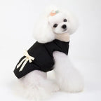 A white poodle wearing a black fleece dog jacket with a cream-colored bow, sitting and looking slightly to the side.