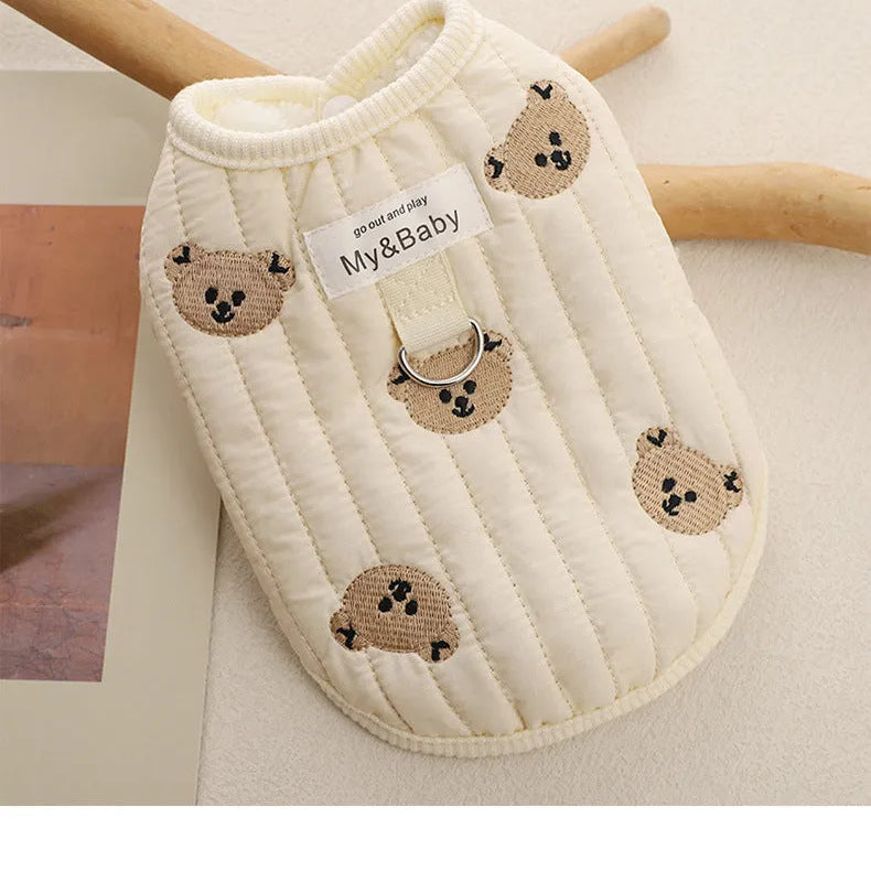 embroidered dog sweatshirt with bear design, laid out flat.