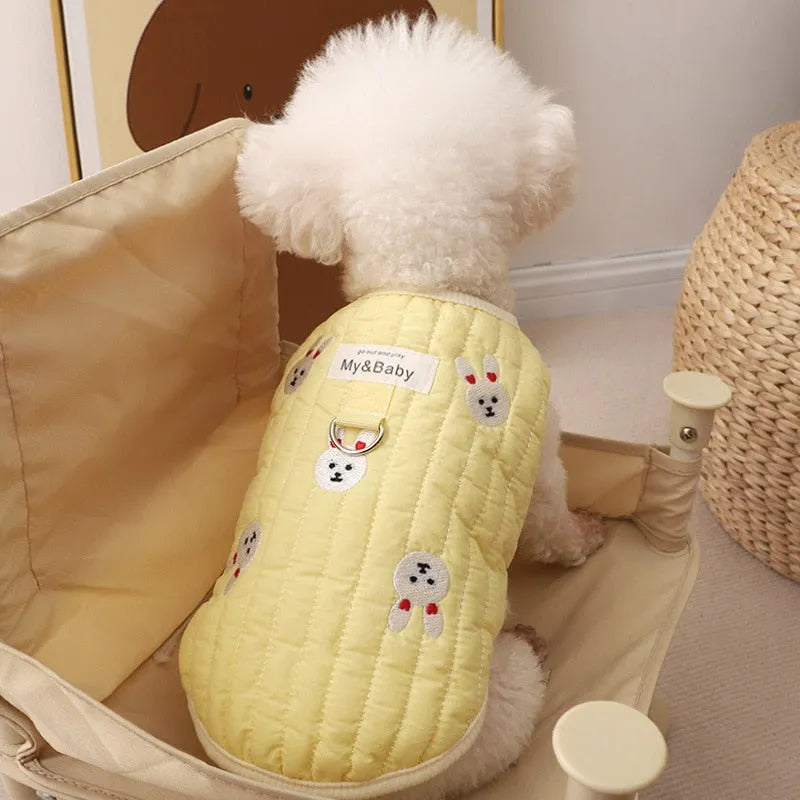 White poodle wearing a yellow embroidered dog sweatshirt with bunny design, sitting on a beige chair