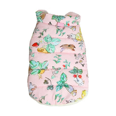 A pink dog coat with floral print, displayed flat, showing the entire design.