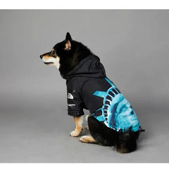 Dog wearing American Apparel Dog Hoodie in black and blue with a Statue of Liberty design, back and side view